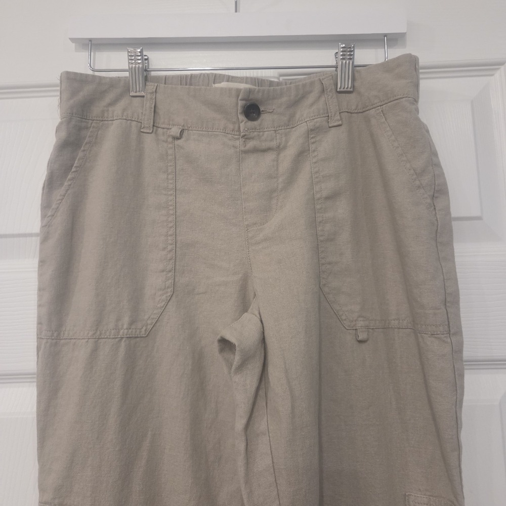 Happily Grey Beige Cargo Pants S Linen Rayon Pockets Flat Front Button Normcore
